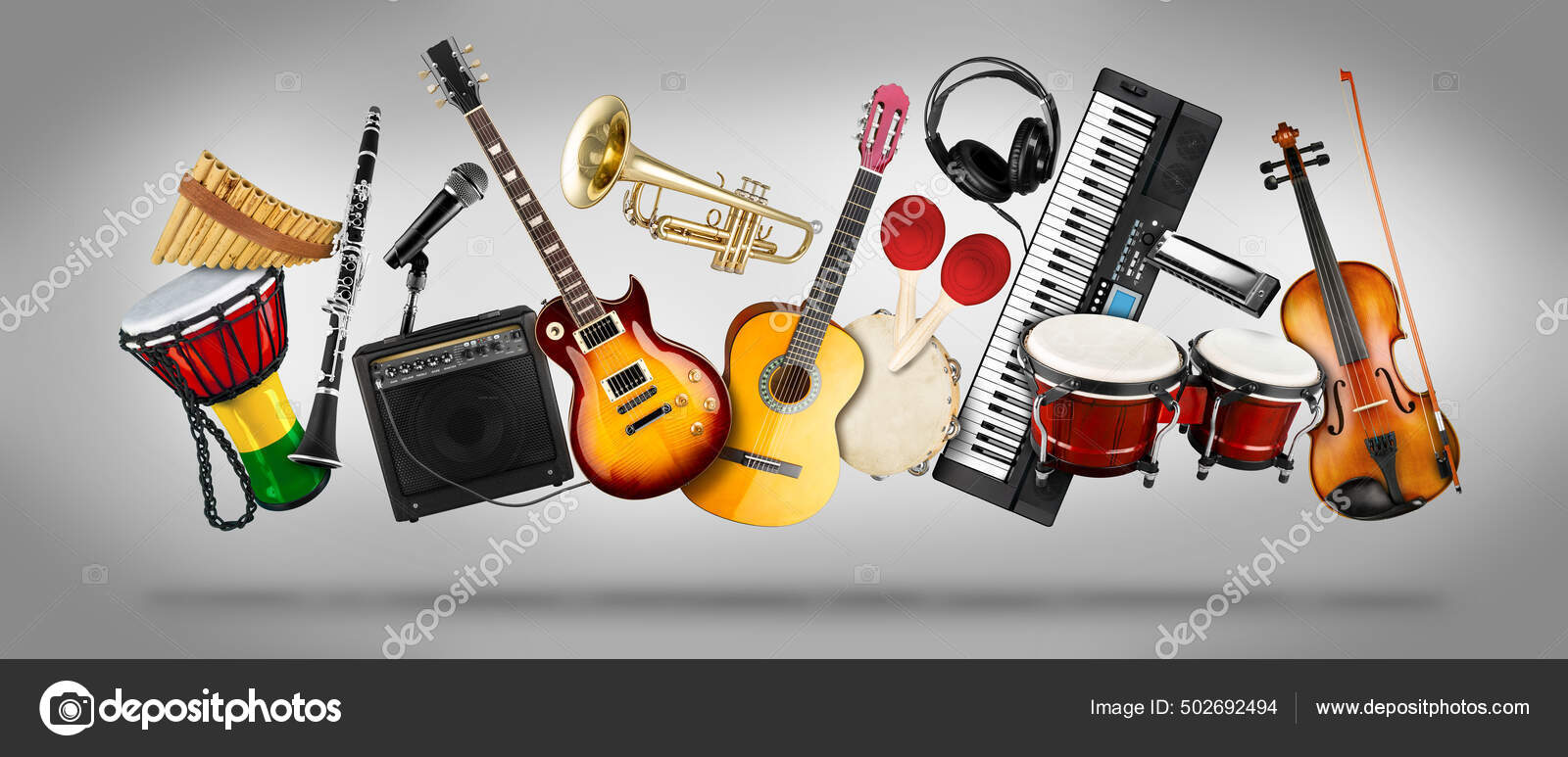 Wide Panorama Collage Various Musical Instruments Guitar Keyboard Brass