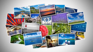 Bir yığın renkli fotoğraf kağıdı baskısı. Fotoğraf çevrimiçi galeri sunum konsepti