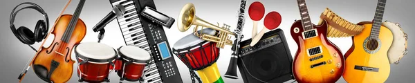 Wide Panorama Collage Banner Various Musical Instruments Guitar Keyboard Brass — Stock Photo, Image