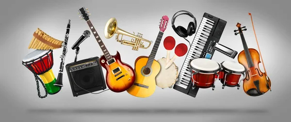 Wide Panorama Collage Various Musical Instruments Guitar Keyboard Brass Percussion — Stock Photo, Image