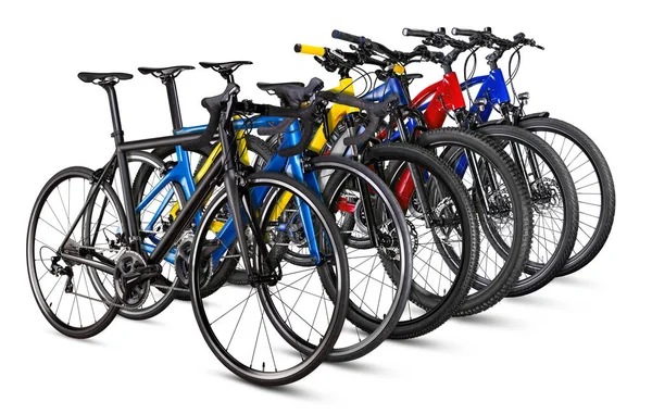 Linha Várias Bicicletas Modernas Bicicleta Isolada Fundo Branco Ciclismo Estrada — Fotografia de Stock