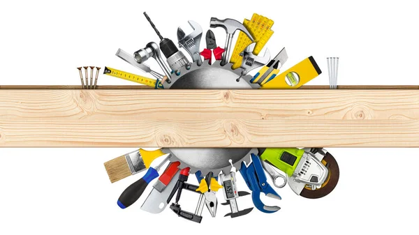 各种手工工具和嗡嗡声锯刀片后面的木制木板 复制空间隔离在白色背景 Diy五金店设备所以它是你自己工作的概念 — 图库照片
