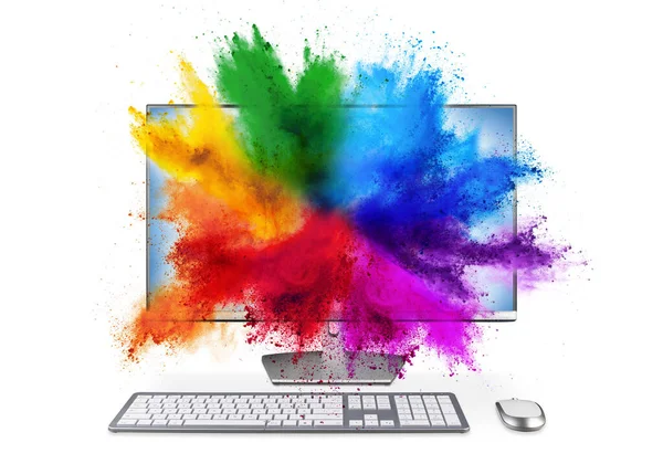 现代黑色银色Pc显示器 配有鼠标和键盘 彩色彩虹全息图粉末云彩通过白色背景隔离的屏幕爆炸 计算机多媒体抽象艺术流媒体概念 — 图库照片