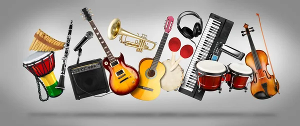 Wide Panorama Collage Various Musical Instruments Guitar Keyboard Brass Percussion Stock Photo