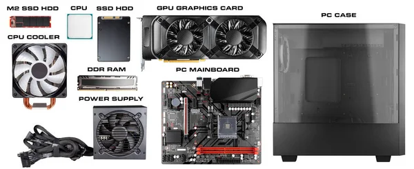 現代のデスクトップコンピュータ用のすべての部品とコンポーネント 電源Ram SsdハードディスクCpuファンクーラーグラフィックカードとミディタワーPcケース隔離された白い背景 ストック写真