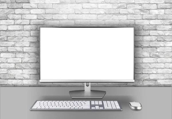 现代银色黑色Led电脑平面显示屏显示器隔离工作台砖墙背景 Pc硬件电子技术概念 图库图片