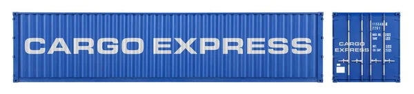 Blauer Großer Frachtcontainer Mit Cargo Express Schriftzug Frontal Und Seitenansicht Stockfoto