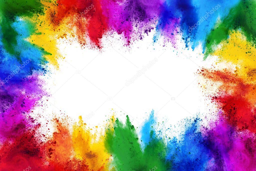 frame border with copy space of colorful rainbow holi paint color powder explosion isolated on white background