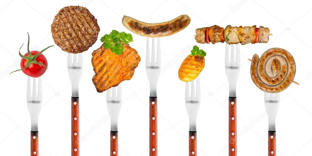 grilled food on forks