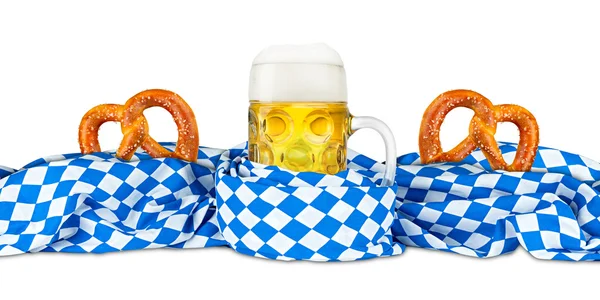 Bavarese bandiera pretzel e birra — Foto Stock