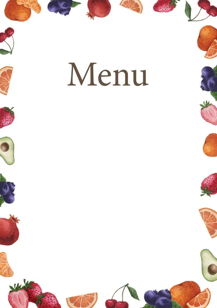 Menu Kaváren Restaurací Recept Akvarelové Pokrmy Ovoce Zelenina Nápoje Šablona — Stock fotografie