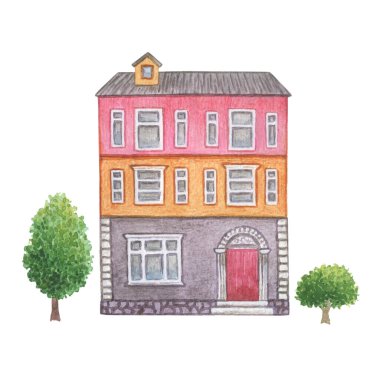 Beyaz arka planda çimenliği olan ev, kulübe. Evim güzel evim. Evin suluboya çizimi