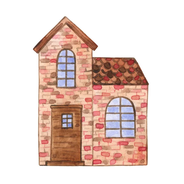 带草坪的小屋 白色背景隔离 甜蜜的家房子的水彩画 Apartament House — 图库照片