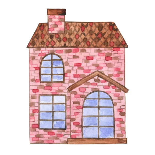 带草坪的小屋 白色背景隔离 甜蜜的家房子的水彩画 Apartament House — 图库照片
