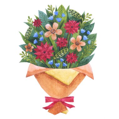 Suluboya buket makinesi. Çiçek elementleri ve kağıt ambalajı / Suluboya çiçekleri.