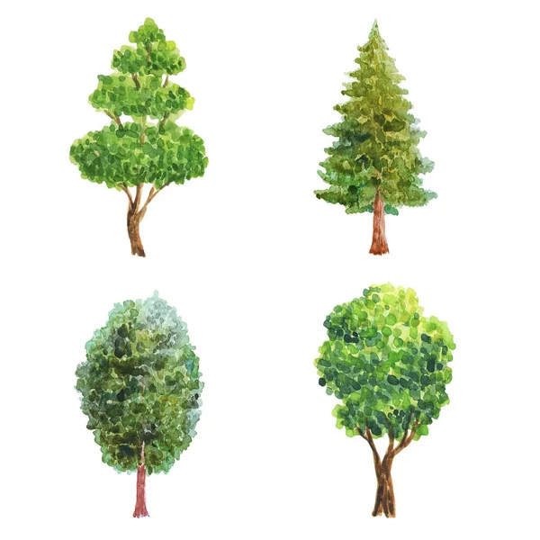 Akvarell Illustration Med Träd Gröna Träd Växter Skog Natur Landskap — Stockfoto