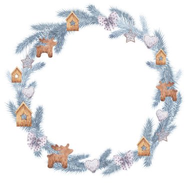 Köknar dalları klişe suluboya Noel çerçeve. Kış şenlik çelengi suluboya ile boyanmış. Noel süsleri ve kar taneleriyle süslenmiş bir Noel çelengi çizimi.