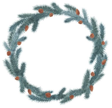 Köknar dalları klişe suluboya Noel çerçeve. Kış şenlik çelengi suluboya ile boyanmış. Noel süsleri ve kar taneleriyle süslenmiş bir Noel çelengi çizimi.
