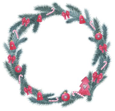 Köknar dalları klişe suluboya Noel çerçeve. Kış şenlik çelengi suluboya ile boyanmış. Noel süsleri ve kar taneleriyle süslenmiş bir Noel çelengi çizimi.