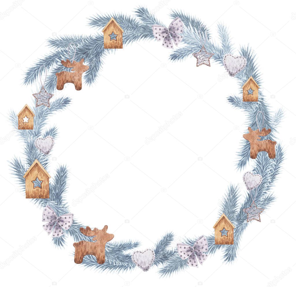 Watercolor Christmas frame from fir branches clipart. Winter festive wreath clipart painted with watercolor. Drawing of a Christmas wreath decorated with Christmas decorations and snowflakes.