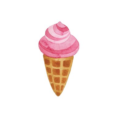 Çilekli dondurma. Waffle külahında dondurmanın suluboya çizimi. Pembe dondurma çizimi.