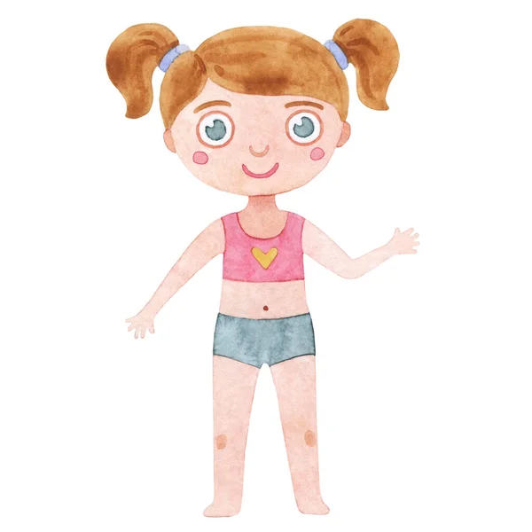 Akvarell Illustration Med Flicka Sommarkläder Baby Shirt Och Shorts Sommarbild — Stockfoto