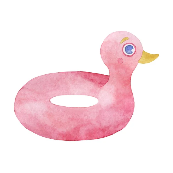 水彩画显示了一个充气圆圈 以鸭的形状画一个充气圆形 粉红鸭 — 图库照片