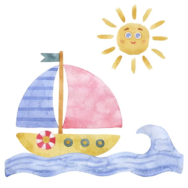 Yaz Resimleriyle Suluboya Klipleri Güneşli Denizde Bir Gemi Çiziyor — Stok fotoğraf