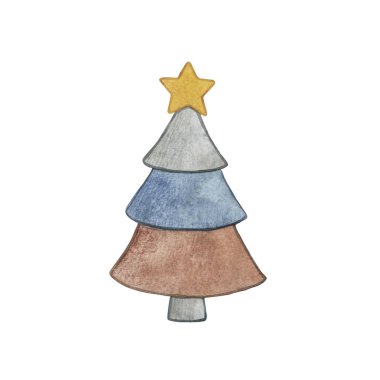 Çocuk oyuncakları illüstrasyonu. Çocukların suluboya oyuncakları. Yıldızlı suluboya Noel ağacı.