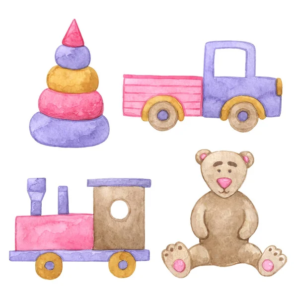 Watercolor illustration. Watercolor vintage set of toys. Retro  baby objects for your design. Colorful Watercolor kids set in cartoon childish toys. Hand drawing cute kids set icons illustration isolated on white background.