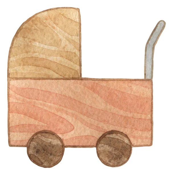 婴儿车木制玩具车 明信片的精美插图 装饰儿童房的内部 — 图库照片