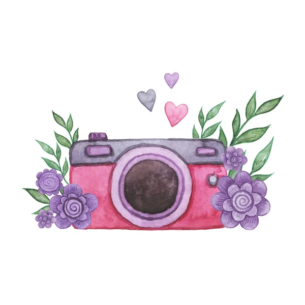 Acquerello Macchina Fotografica Rose Vintage Fotocamera Acquerello Illustrazione Disegnata Mano — Foto Stock