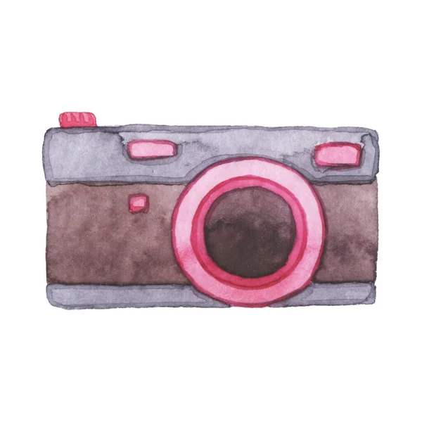 水彩画玫瑰相机老式水彩相机 手绘插图 — 图库照片