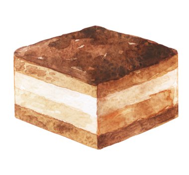 Pastanın suluboya çizimi. Pasta ve kek, kafeler için yemek ve menü için restoranlar. Elle çizilmiş lezzetli yemek çizimi. Beyaz arka planda tatlı yiyecekler.