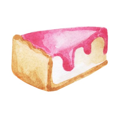 Pastanın suluboya çizimi. Pasta ve kek, kafeler için yemek ve menü için restoranlar. Elle çizilmiş lezzetli yemek çizimi. Beyaz arka planda tatlı yiyecekler.