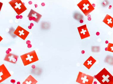 İsviçre, 1 Ağustos, Gündüz Vakfı Konfederasyonu. Ulusal tatil. Hafıza, vatanseverlik ve özgürlük kavramı. Sisli bir arkaplanda bayraklar.