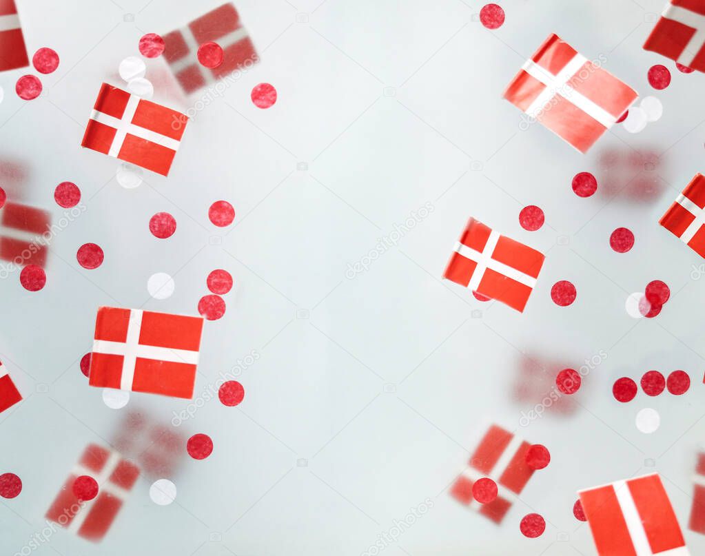 Denmark. June 5, constitution day, September 21, happy independence day, national holiday, flag foggy background. Dannebrog. Defocusing