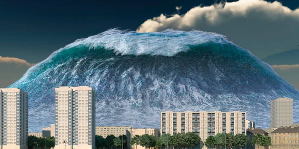 Tsunami wave apocalyptic water view urban flood Storm. 3D illustration