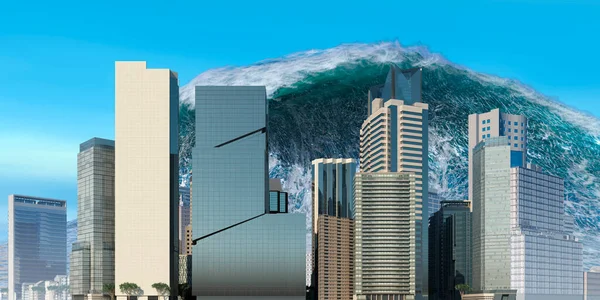 Tsunami wave apocalyptic water view urban flood Storm. 3D illustration