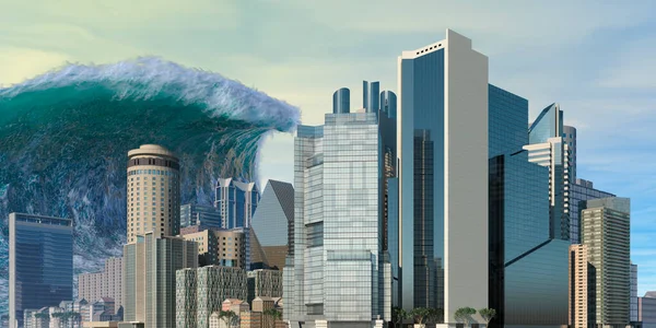 Tsunami wave apocalyptic water view urban flood Storm. 3D illustration