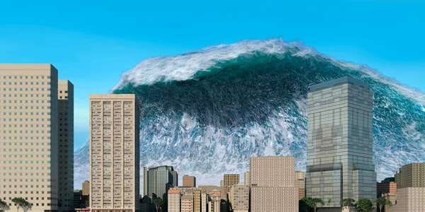 Tsunami wave apocalyptic water view urban flood Storm. 3D illustration