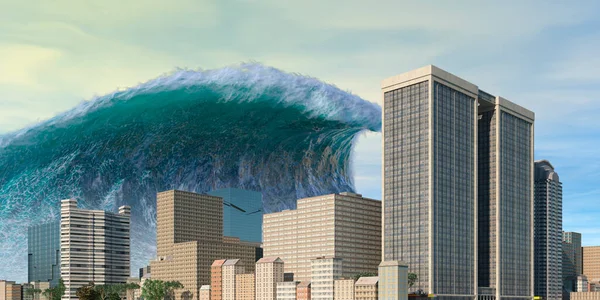 Tsunami wave apocalyptic water view urban flood Storm. 3D illustration