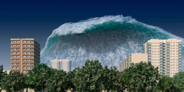 Tsunami wave apocalyptic water view urban flood Storm. 3D illustration