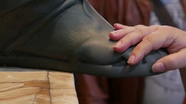 Люди торкаються статуї ноги — стокове відео