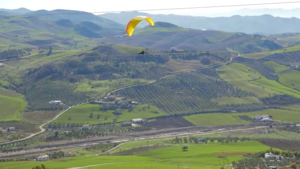 En paraglider skärmflygning över ett grönt landskap — Stockvideo