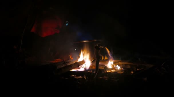 Άνθρωποι μαγείρεμα σε κάμπινγκ φωτιά — Αρχείο Βίντεο