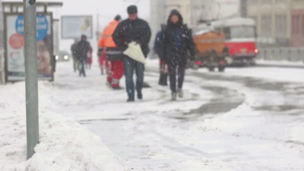 Pareja adulta viajando al trabajo durante la tormenta — Vídeos de Stock