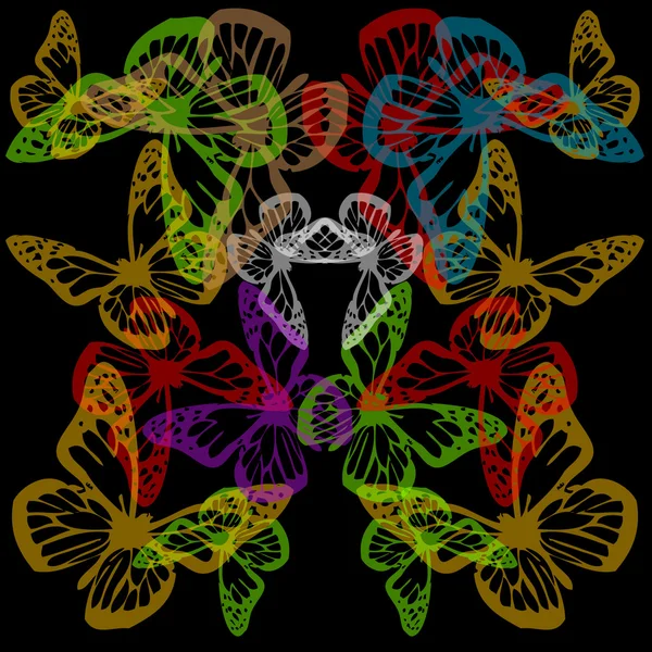 Múltiples mariposas coloridas fondo en negro — Vector de stock