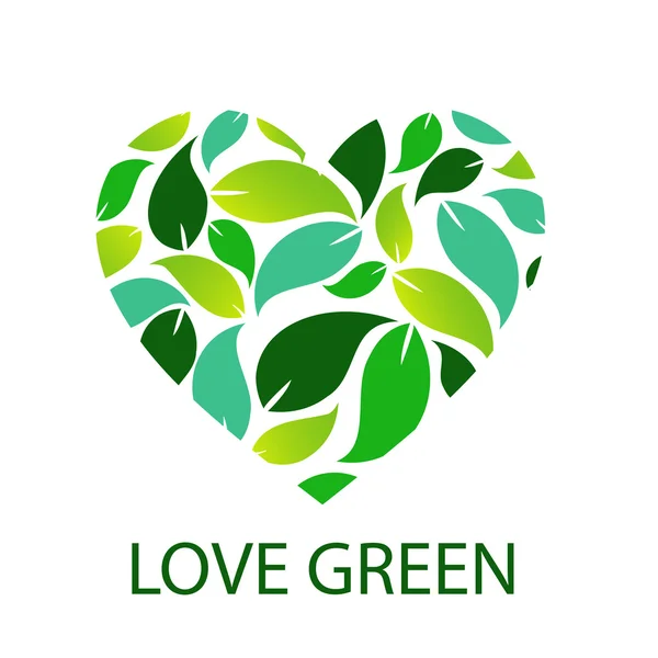 绿色绿色的叶子形成心的爱 — 图库矢量图片