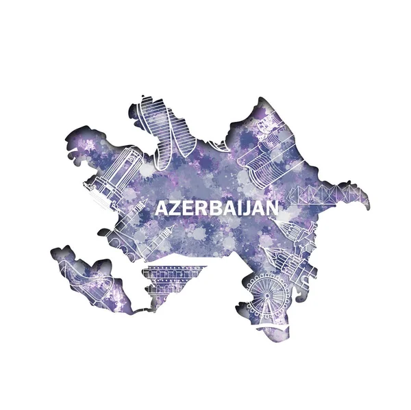 Skyline Mapa Azerbaiyán Destacados Puntos Referencia Efecto Acuarela — Vector de stock